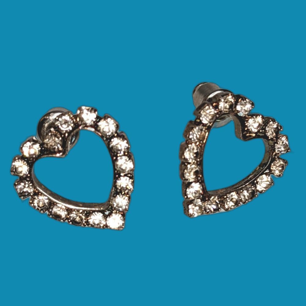 Vintage Rhinestone Heart Earrings Silver Tone Pierced
